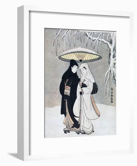 Crow and Heron, or Young Lovers Walking Together under an Umbrella in a Snowstorm, C1769-Suzuki Harunobu-Framed Premium Giclee Print