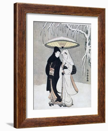 Crow and Heron, or Young Lovers Walking Together under an Umbrella in a Snowstorm, C1769-Suzuki Harunobu-Framed Premium Giclee Print