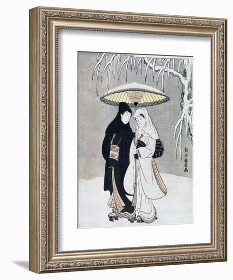 Crow and Heron, or Young Lovers Walking Together under an Umbrella in a Snowstorm, C1769-Suzuki Harunobu-Framed Giclee Print