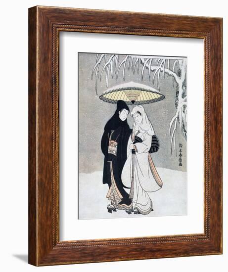 Crow and Heron, or Young Lovers Walking Together under an Umbrella in a Snowstorm, C1769-Suzuki Harunobu-Framed Giclee Print