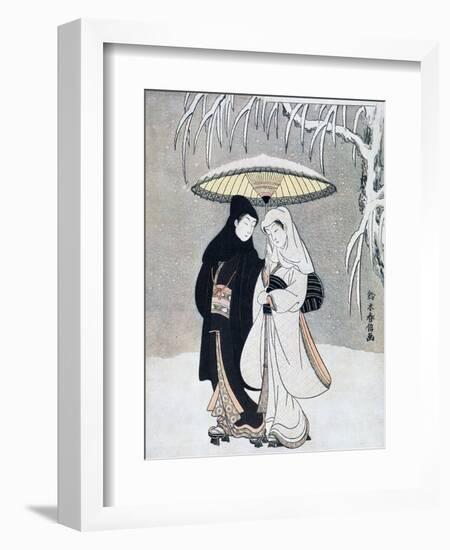 Crow and Heron, or Young Lovers Walking Together under an Umbrella in a Snowstorm, C1769-Suzuki Harunobu-Framed Giclee Print