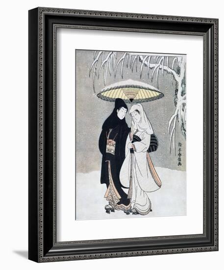 Crow and Heron, or Young Lovers Walking Together under an Umbrella in a Snowstorm, C1769-Suzuki Harunobu-Framed Giclee Print