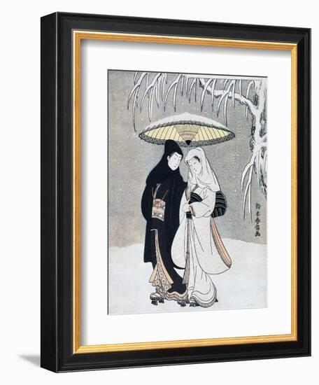 Crow and Heron, or Young Lovers Walking Together under an Umbrella in a Snowstorm, C1769-Suzuki Harunobu-Framed Giclee Print