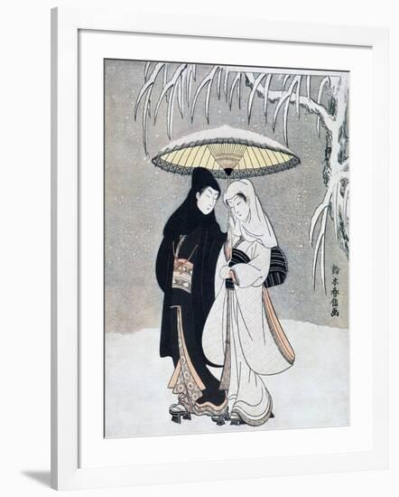 Crow and Heron, or Young Lovers Walking Together under an Umbrella in a Snowstorm, C1769-Suzuki Harunobu-Framed Premium Giclee Print