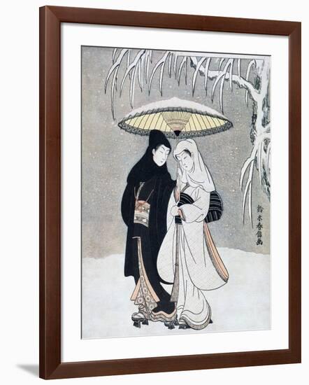 Crow and Heron, or Young Lovers Walking Together under an Umbrella in a Snowstorm, C1769-Suzuki Harunobu-Framed Premium Giclee Print