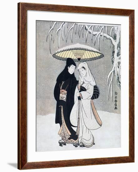 Crow and Heron, or Young Lovers Walking Together under an Umbrella in a Snowstorm, C1769-Suzuki Harunobu-Framed Premium Giclee Print