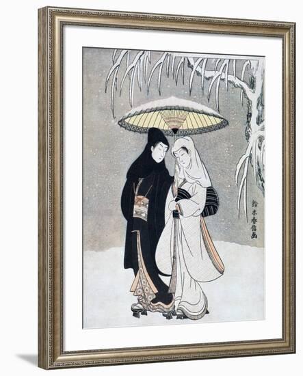 Crow and Heron, or Young Lovers Walking Together under an Umbrella in a Snowstorm, C1769-Suzuki Harunobu-Framed Premium Giclee Print