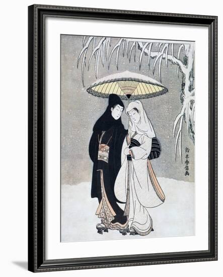 Crow and Heron, or Young Lovers Walking Together under an Umbrella in a Snowstorm, C1769-Suzuki Harunobu-Framed Giclee Print