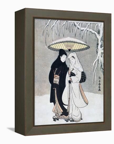 Crow and Heron, or Young Lovers Walking Together under an Umbrella in a Snowstorm, C1769-Suzuki Harunobu-Framed Premier Image Canvas