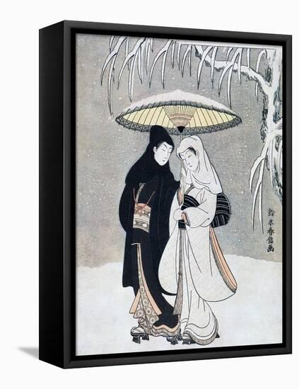 Crow and Heron, or Young Lovers Walking Together under an Umbrella in a Snowstorm, C1769-Suzuki Harunobu-Framed Premier Image Canvas