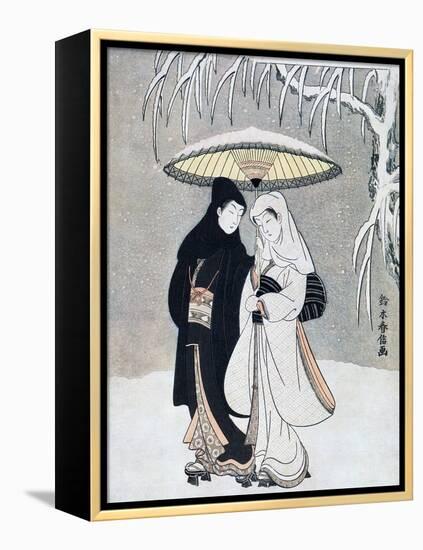 Crow and Heron, or Young Lovers Walking Together under an Umbrella in a Snowstorm, C1769-Suzuki Harunobu-Framed Premier Image Canvas