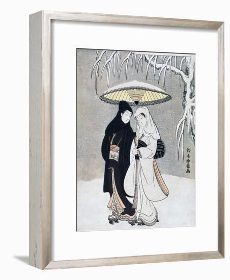 Crow and Heron, or Young Lovers Walking Together under an Umbrella in a Snowstorm, C1769-Suzuki Harunobu-Framed Giclee Print