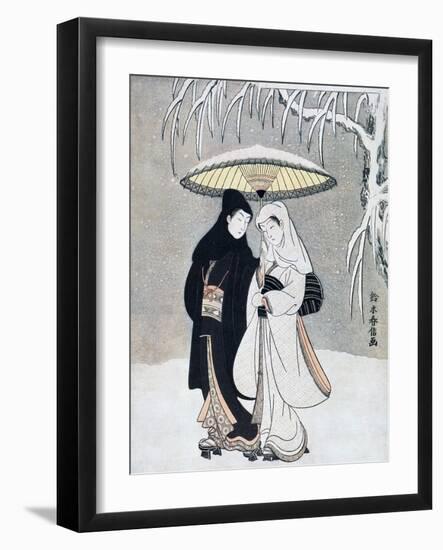 Crow and Heron, or Young Lovers Walking Together under an Umbrella in a Snowstorm, C1769-Suzuki Harunobu-Framed Giclee Print