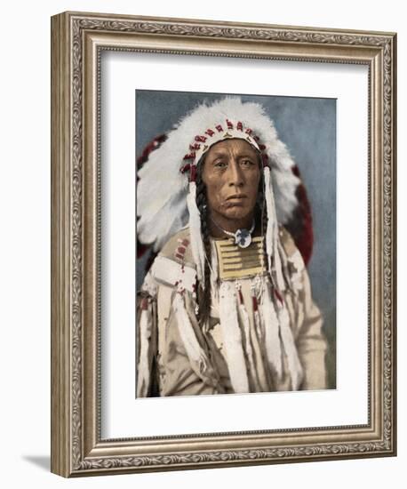 Crow Indian Chief in a Traditional War Bonnet and Clothing, circa 1900-null-Framed Giclee Print