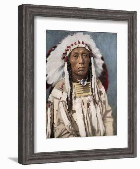 Crow Indian Chief in a Traditional War Bonnet and Clothing, circa 1900-null-Framed Giclee Print