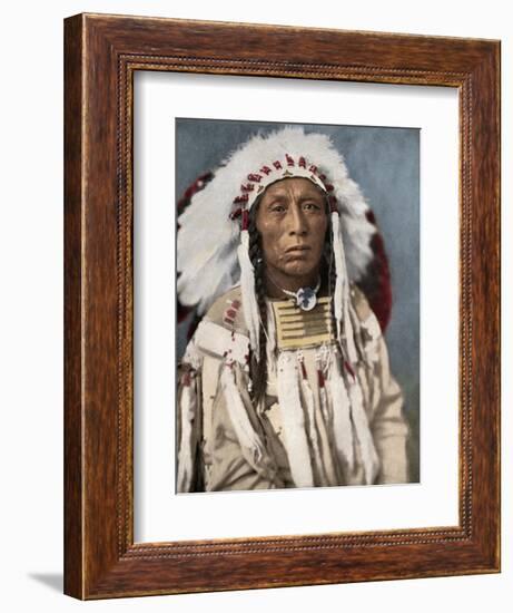 Crow Indian Chief in a Traditional War Bonnet and Clothing, circa 1900-null-Framed Giclee Print