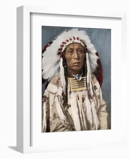 Crow Indian Chief in a Traditional War Bonnet and Clothing, circa 1900-null-Framed Giclee Print