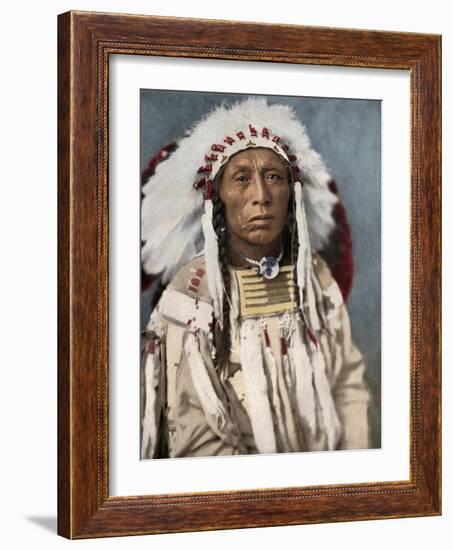 Crow Indian Chief in a Traditional War Bonnet and Clothing, circa 1900-null-Framed Giclee Print