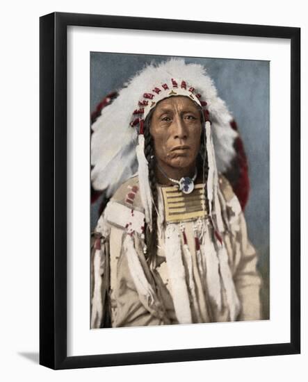 Crow Indian Chief in a Traditional War Bonnet and Clothing, circa 1900-null-Framed Giclee Print