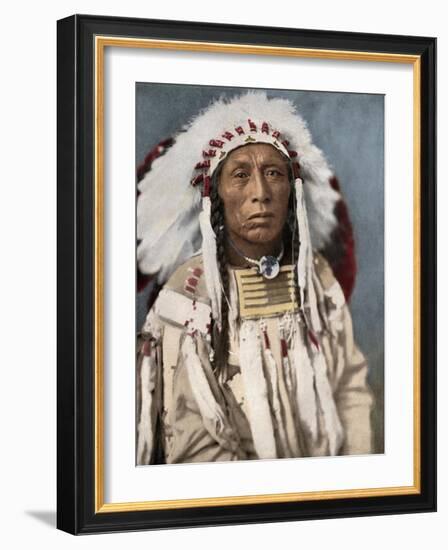 Crow Indian Chief in a Traditional War Bonnet and Clothing, circa 1900-null-Framed Giclee Print