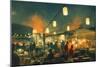 Crowd of People Walking in the Market at Night,Digital Painting-Tithi Luadthong-Mounted Art Print