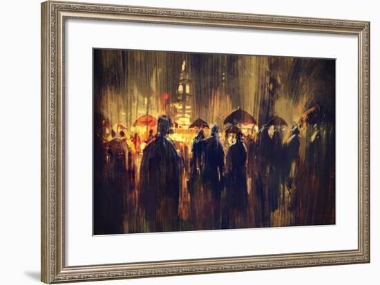 Crowd of People with Umbrellas at Night,Digital Painting-Tithi Luadthong-Framed Art Print