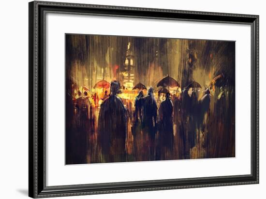 Crowd of People with Umbrellas at Night,Digital Painting-Tithi Luadthong-Framed Art Print