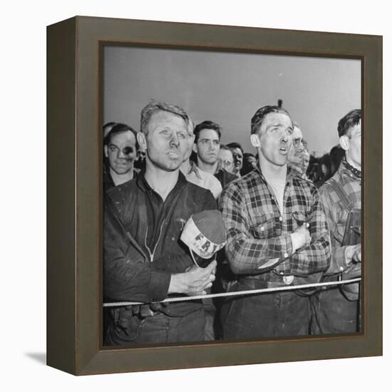 Crowd of Steel Workers Singing "The Star Spangled Banner"-null-Framed Premier Image Canvas