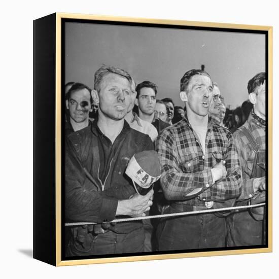 Crowd of Steel Workers Singing "The Star Spangled Banner"-null-Framed Premier Image Canvas