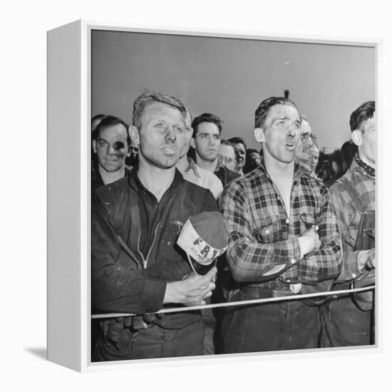 Crowd of Steel Workers Singing "The Star Spangled Banner"-null-Framed Premier Image Canvas