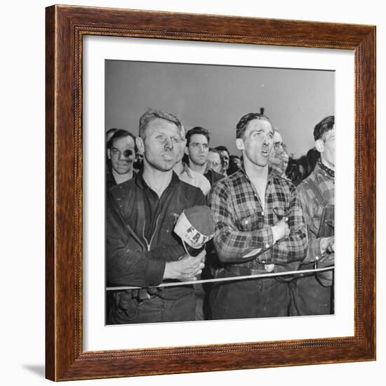 Crowd of Steel Workers Singing "The Star Spangled Banner"-null-Framed Photographic Print