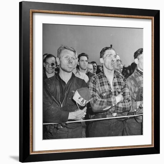 Crowd of Steel Workers Singing "The Star Spangled Banner"-null-Framed Photographic Print