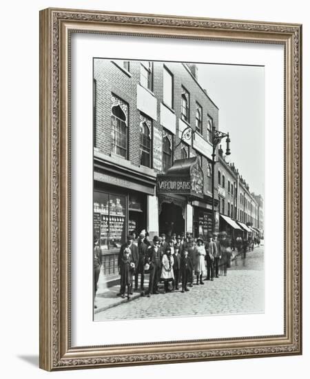 Crowd Outside the Russian Vapour Baths, Brick Lane, Stepney, London, 1904-null-Framed Photographic Print