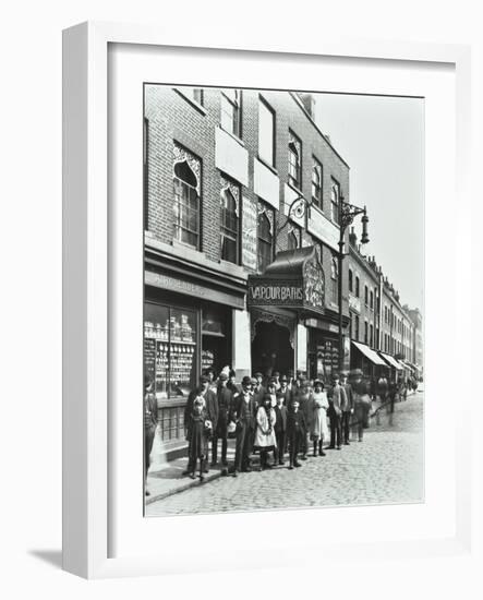 Crowd Outside the Russian Vapour Baths, Brick Lane, Stepney, London, 1904-null-Framed Photographic Print