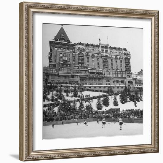 Crowd Watching Hockey Game Outside Palace Hotel-null-Framed Photographic Print