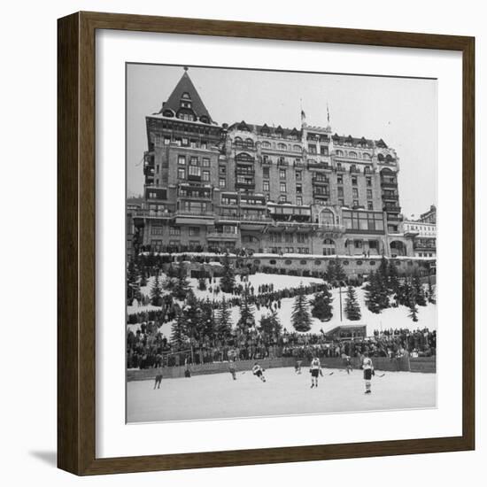 Crowd Watching Hockey Game Outside Palace Hotel-null-Framed Photographic Print