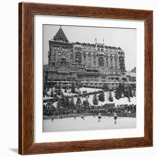 Crowd Watching Hockey Game Outside Palace Hotel-null-Framed Photographic Print