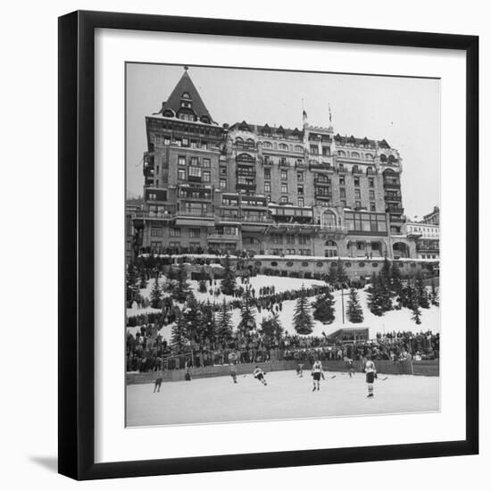 Crowd Watching Hockey Game Outside Palace Hotel--Framed Photographic Print