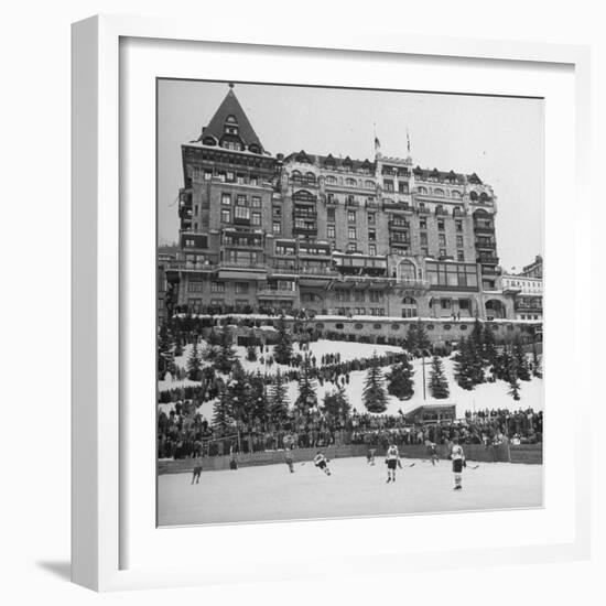 Crowd Watching Hockey Game Outside Palace Hotel-null-Framed Photographic Print
