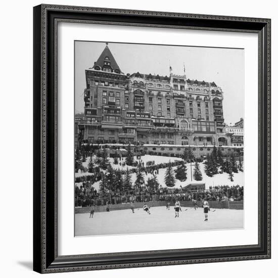 Crowd Watching Hockey Game Outside Palace Hotel-null-Framed Photographic Print