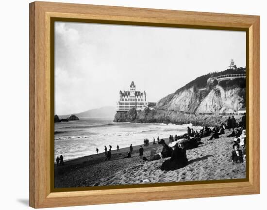 Crowds Enjoy the Beach Below the Cliff House-null-Framed Premier Image Canvas