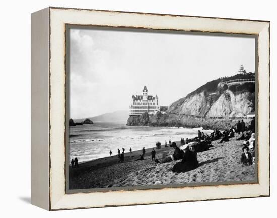 Crowds Enjoy the Beach Below the Cliff House-null-Framed Premier Image Canvas