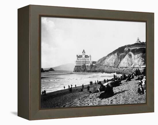 Crowds Enjoy the Beach Below the Cliff House-null-Framed Premier Image Canvas