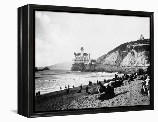 Crowds Enjoy the Beach Below the Cliff House-null-Framed Premier Image Canvas