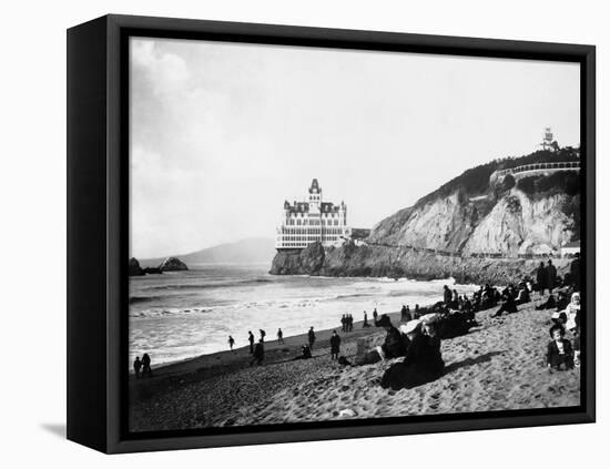 Crowds Enjoy the Beach Below the Cliff House-null-Framed Premier Image Canvas