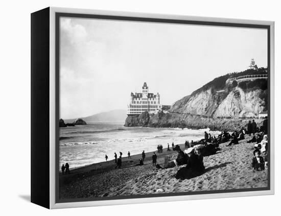 Crowds Enjoy the Beach Below the Cliff House-null-Framed Premier Image Canvas