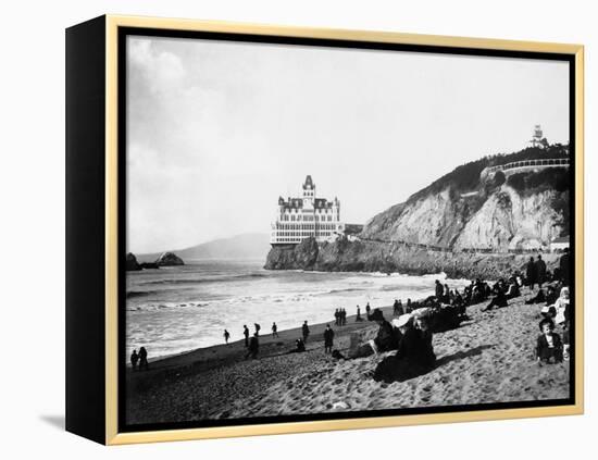 Crowds Enjoy the Beach Below the Cliff House-null-Framed Premier Image Canvas