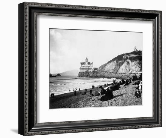 Crowds Enjoy the Beach Below the Cliff House-null-Framed Photographic Print