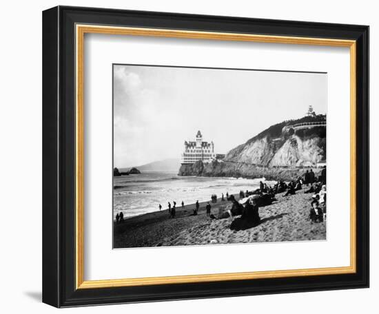 Crowds Enjoy the Beach Below the Cliff House-null-Framed Photographic Print