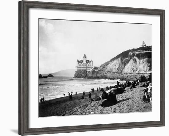 Crowds Enjoy the Beach Below the Cliff House-null-Framed Photographic Print